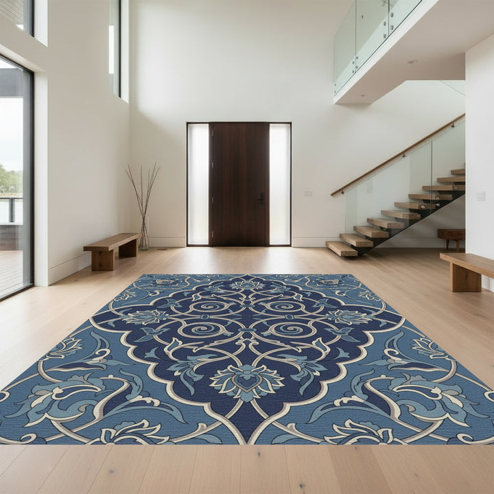 Dark Blue Floral Arabesque Scroll Rug
