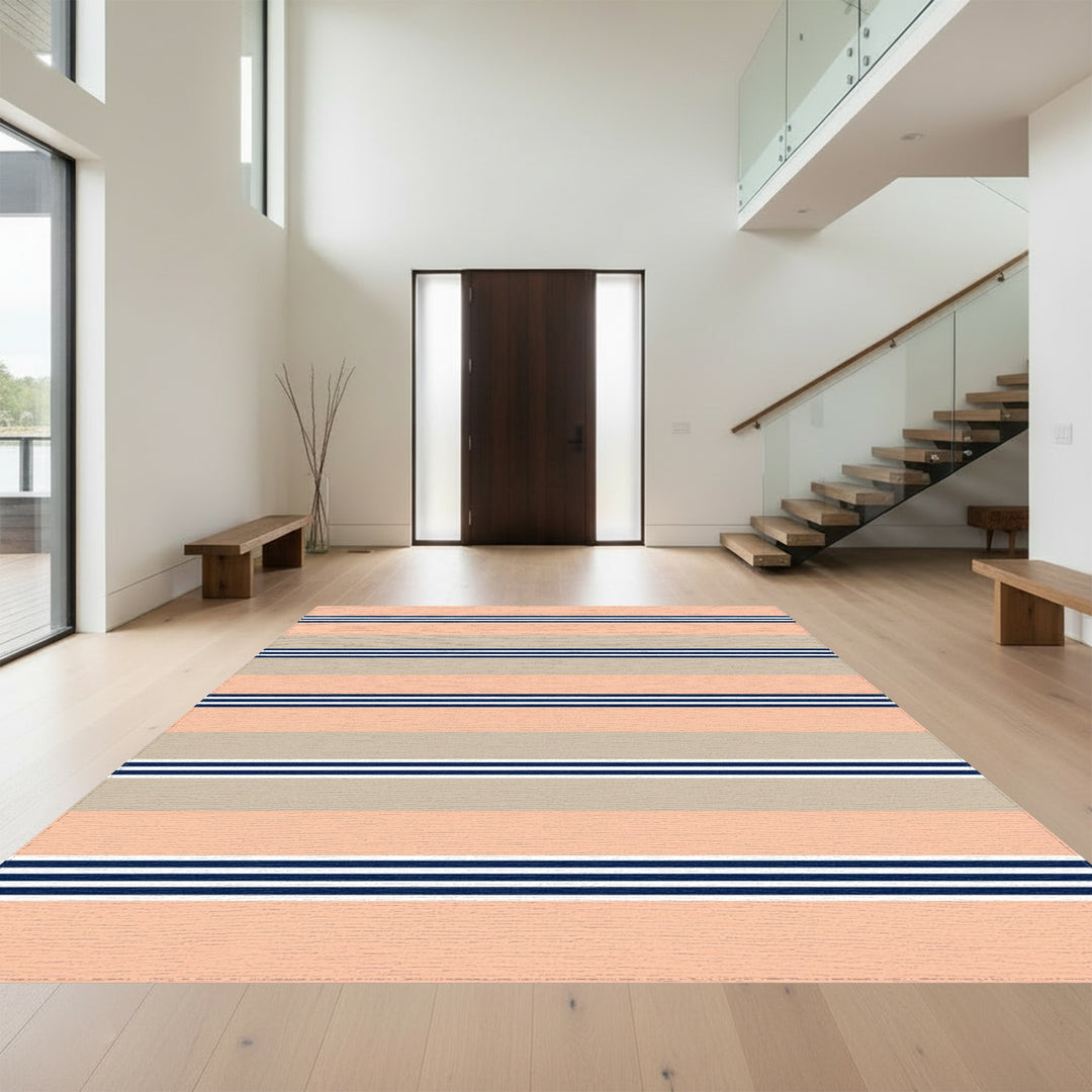 Coral Beige Navy Stripe Rug