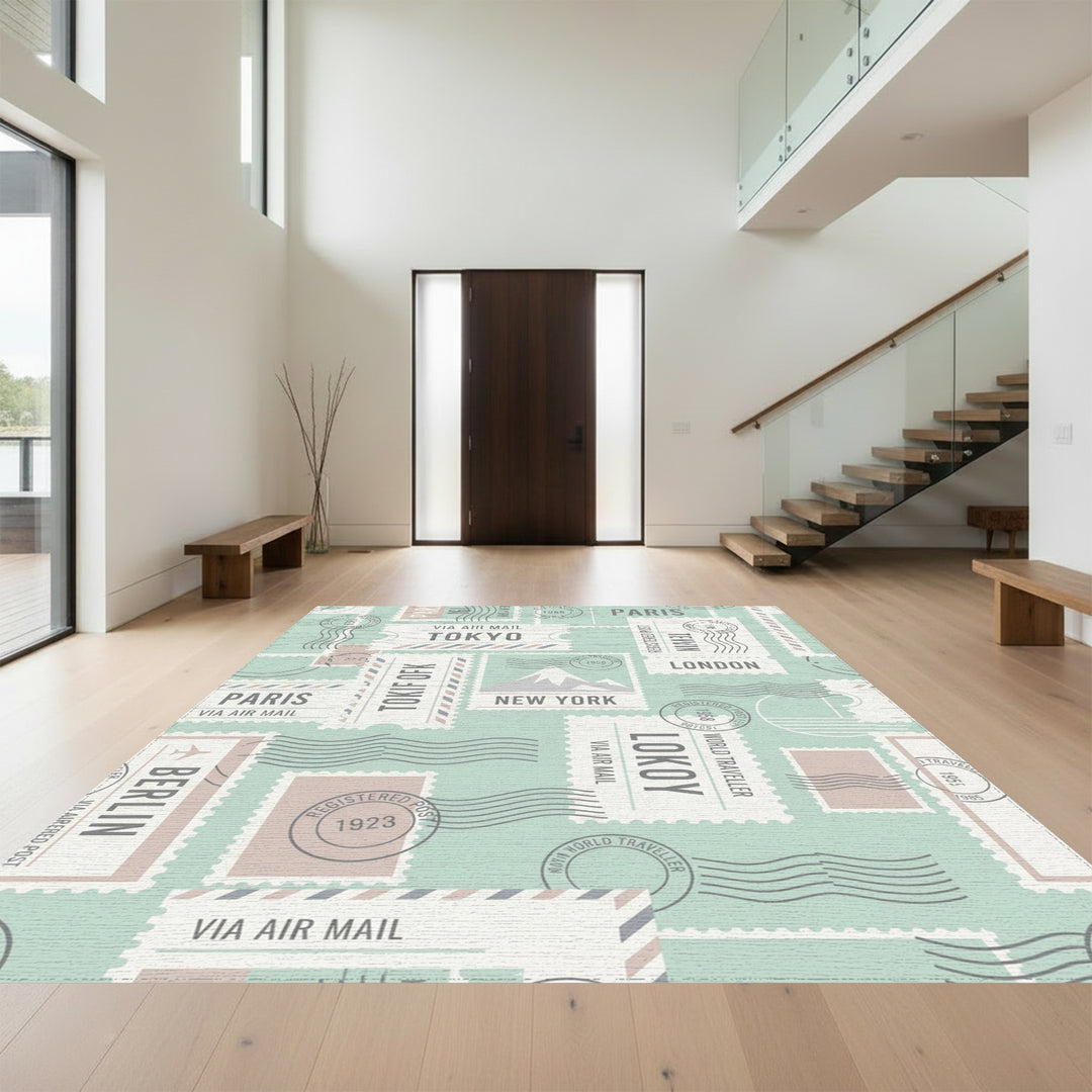 Vintage Travel Postmark Collage Square Rug