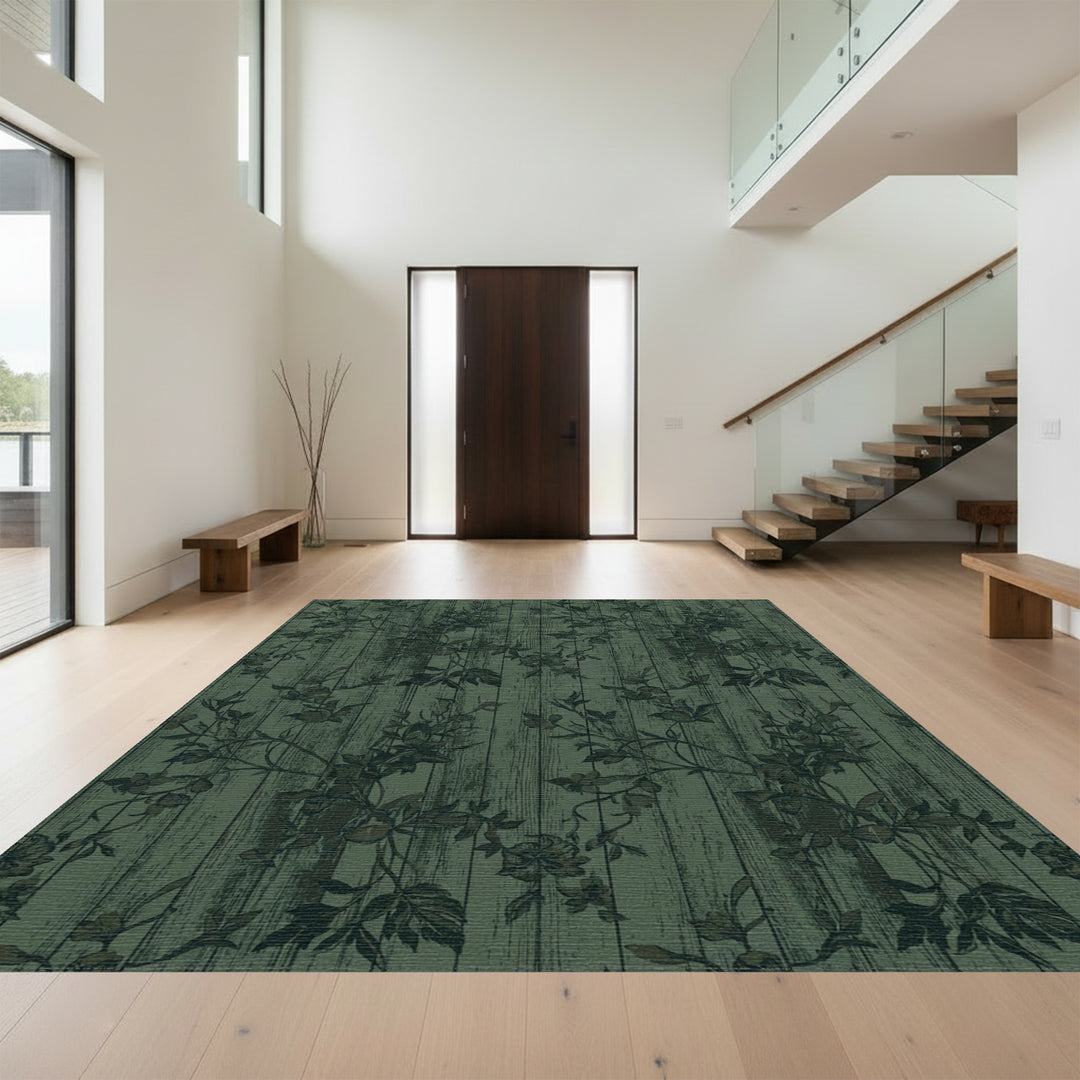 Dark Green Woodland Floral Vines Rug