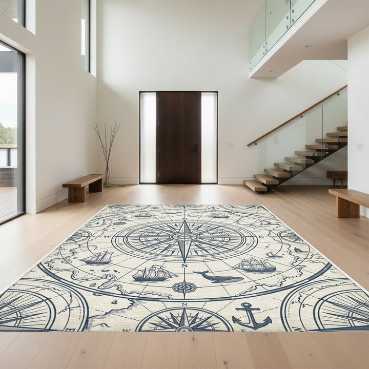 Nautical Compass Ship Whale Map Rug