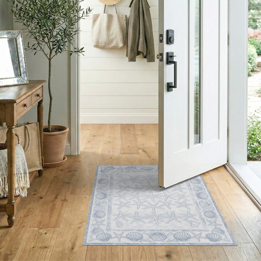 Blue Coastal Starfish Seashell Washable Area Rug