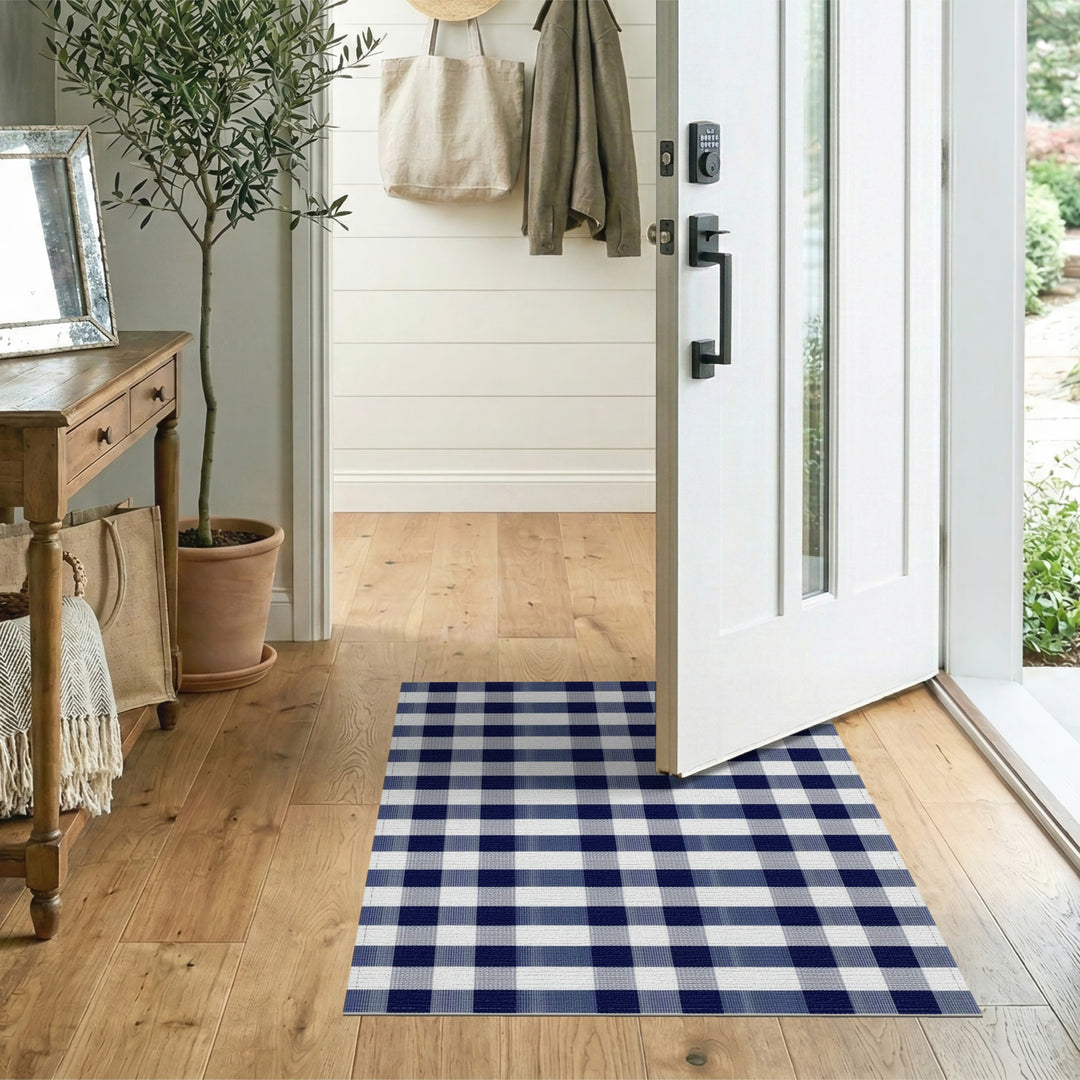 Navy Geometric Modern Navy Blue Checkered Washable Area Rug