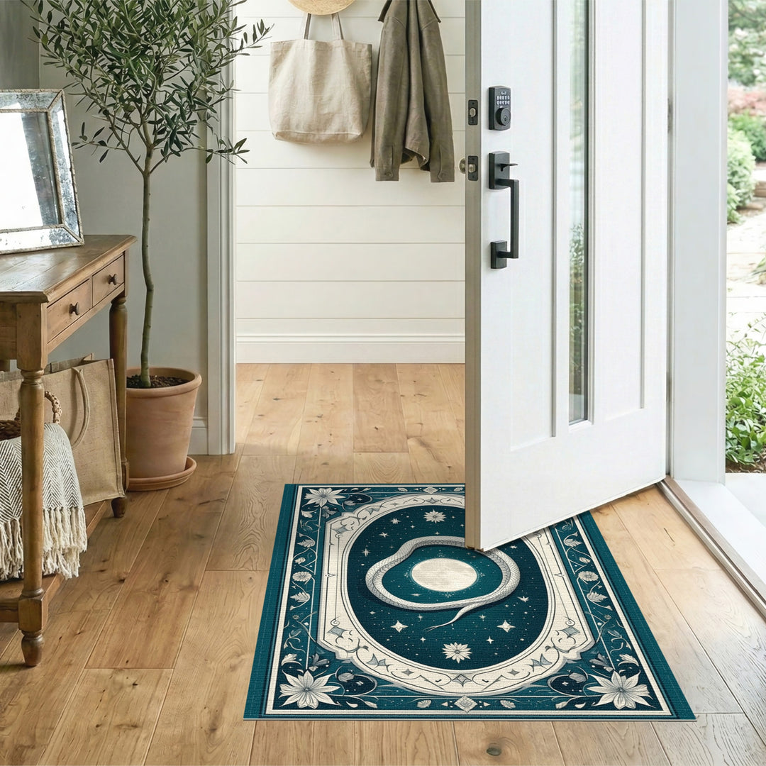 Boho Serpent Moon Teal Area Rug
