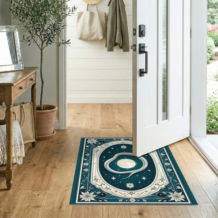Boho Serpent Moon Teal Area Rug