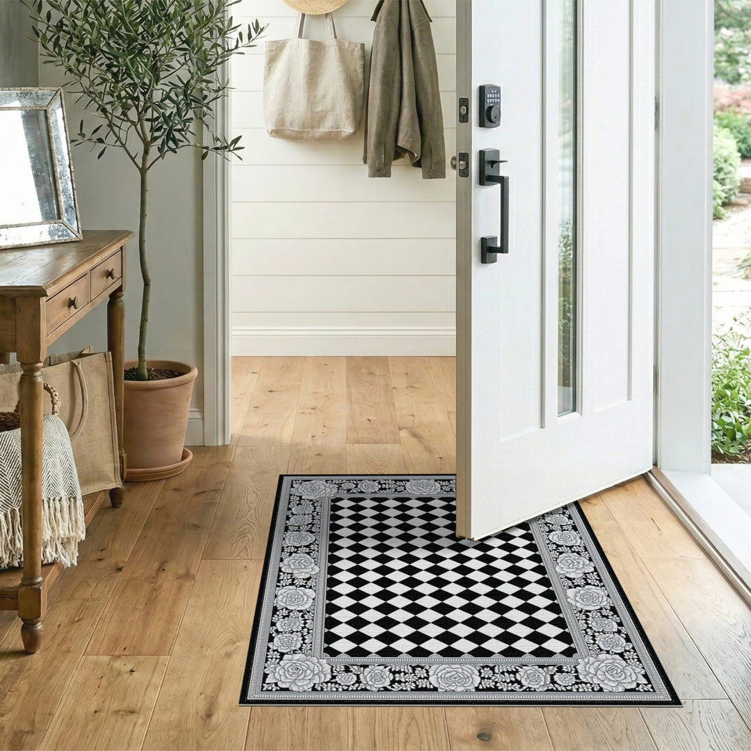 Black White Rose Floral Checkered Area Rug