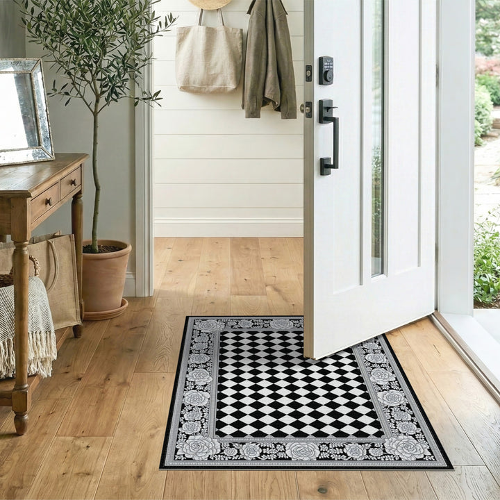 Black White Rose Floral Checkered Area Rug