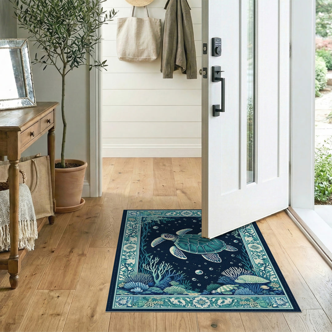 Blue Teal Sea Turtle Coastal Area Rug