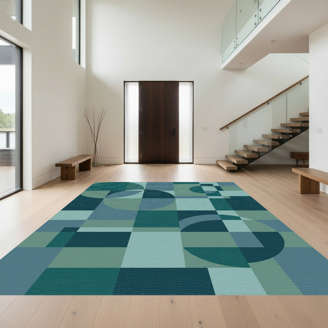 Teal Abstract Geometric Circle Squares Rug
