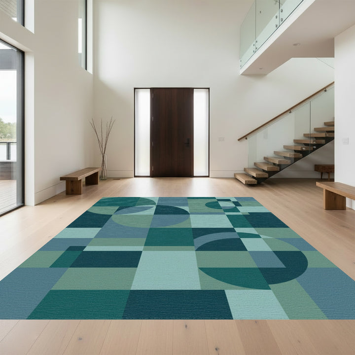 Teal Abstract Geometric Circle Squares Rug