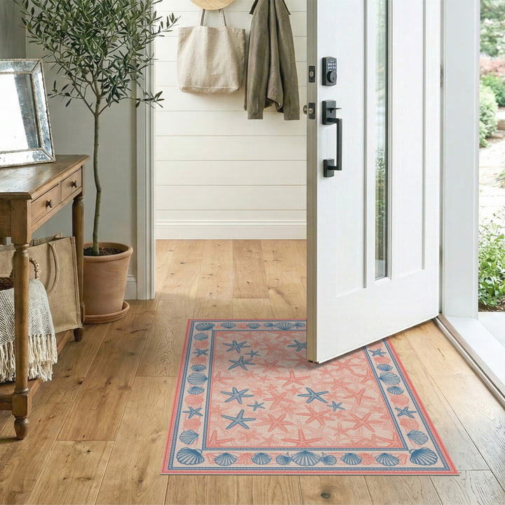 Blue Coastal Seashell and Starfish Area Rug