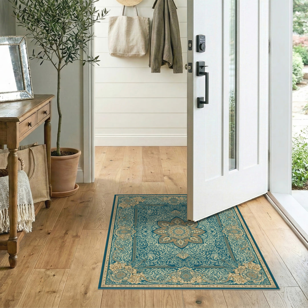 Teal Gold Traditional Persian Medallion Rug