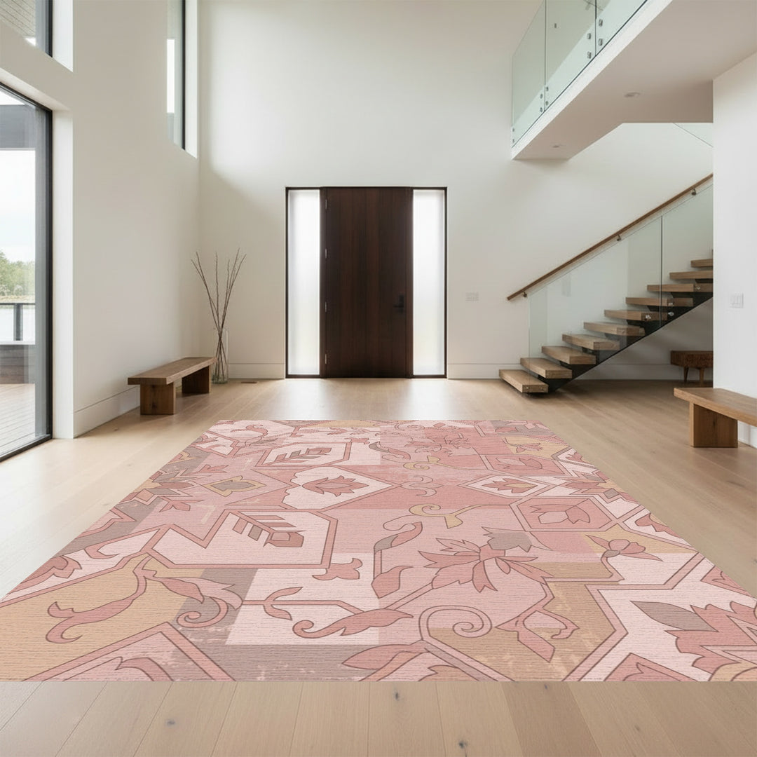 Dusty Rose Floral Geometric Patchwork Rug