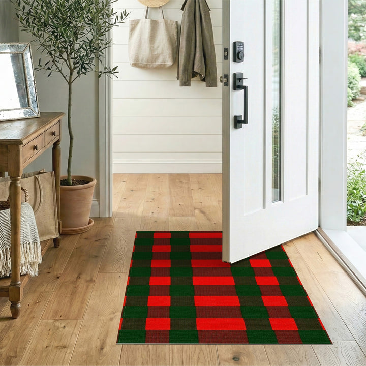 Red Green Checkered Washable Area Rug