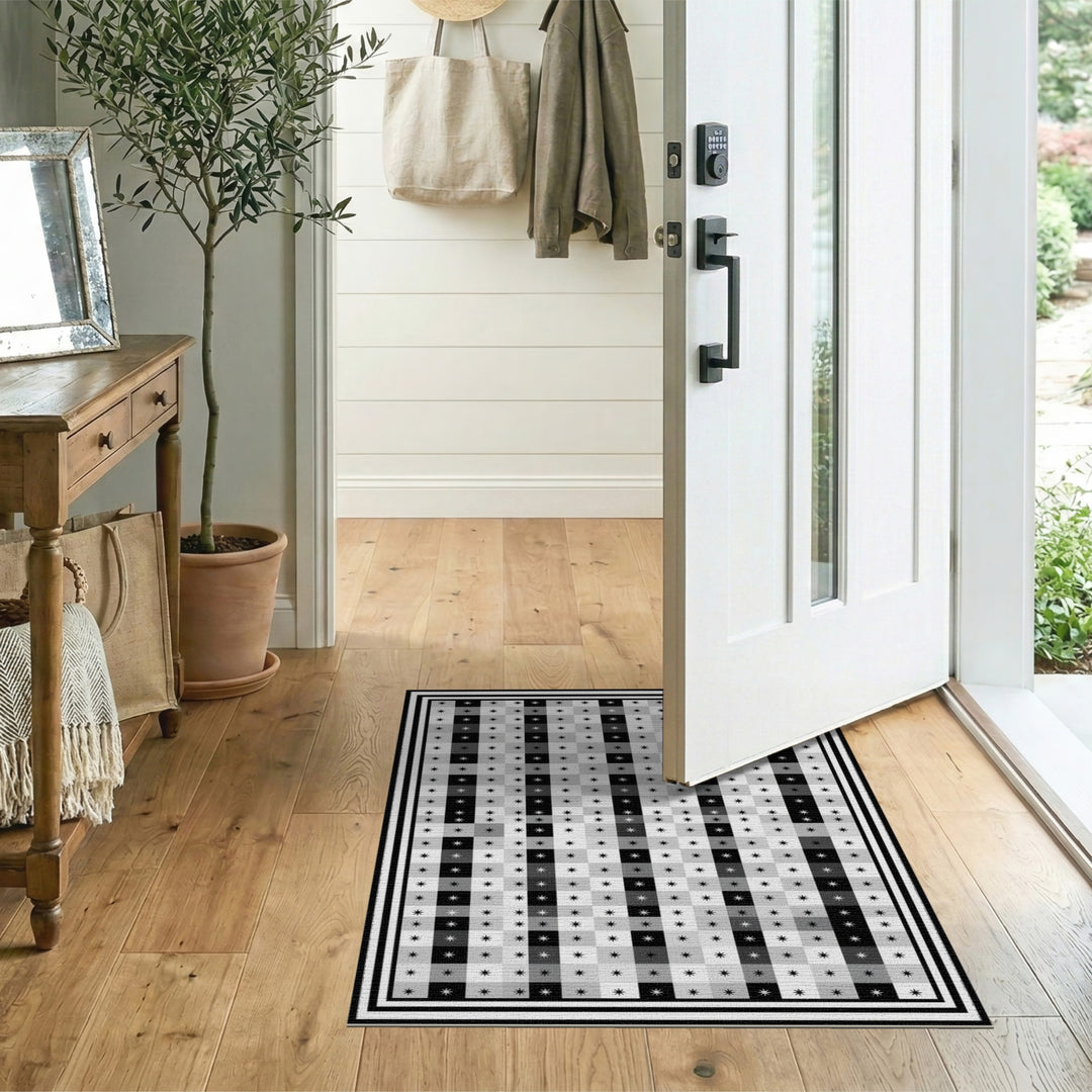 Black White Star Checkered Area Rug