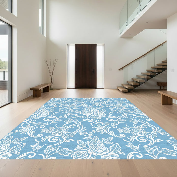 Powder Blue Rose Vine Scroll Rug