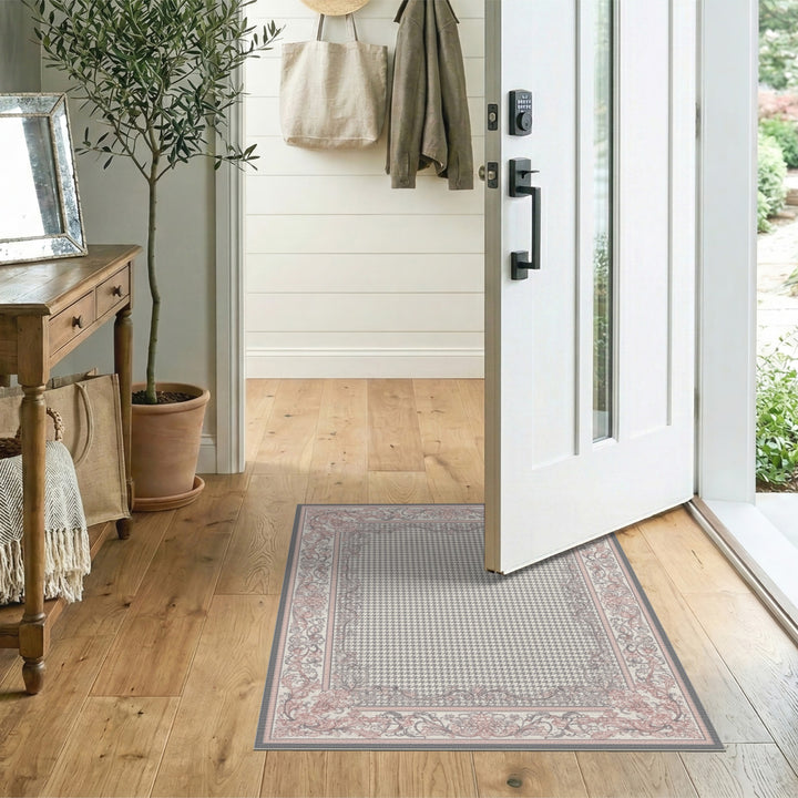 Pink Grey Floral Vintage Houndstooth Rug