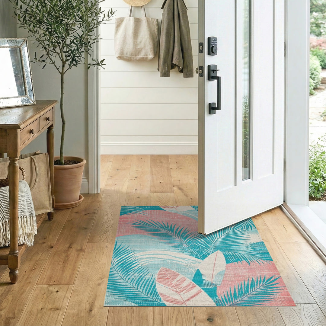 Blue Teal Palm Frond Coastal Area Rug