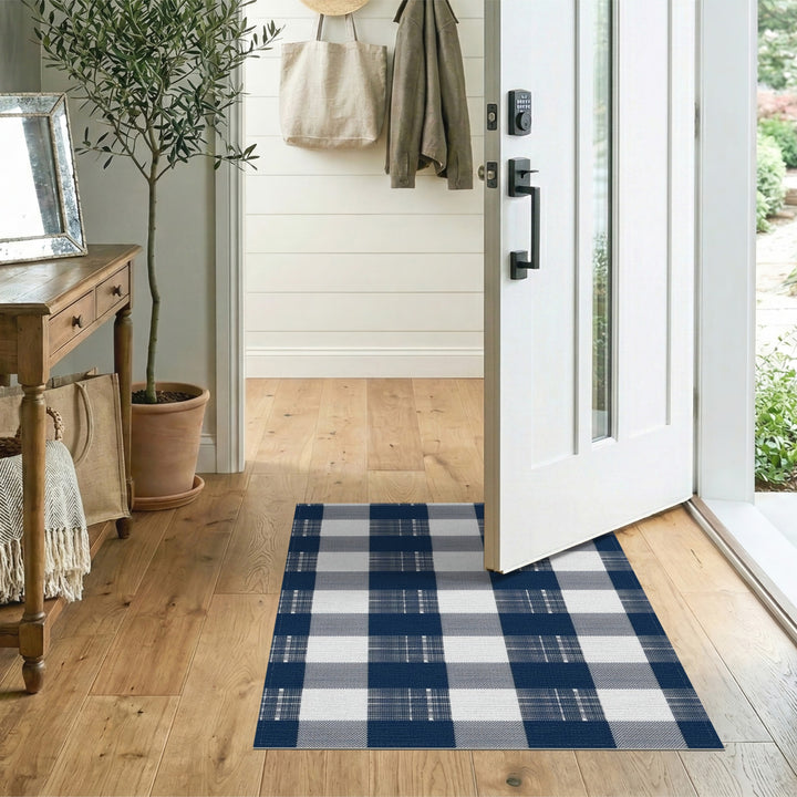 Blue and Teal Navy Checkered Washable Area Rug