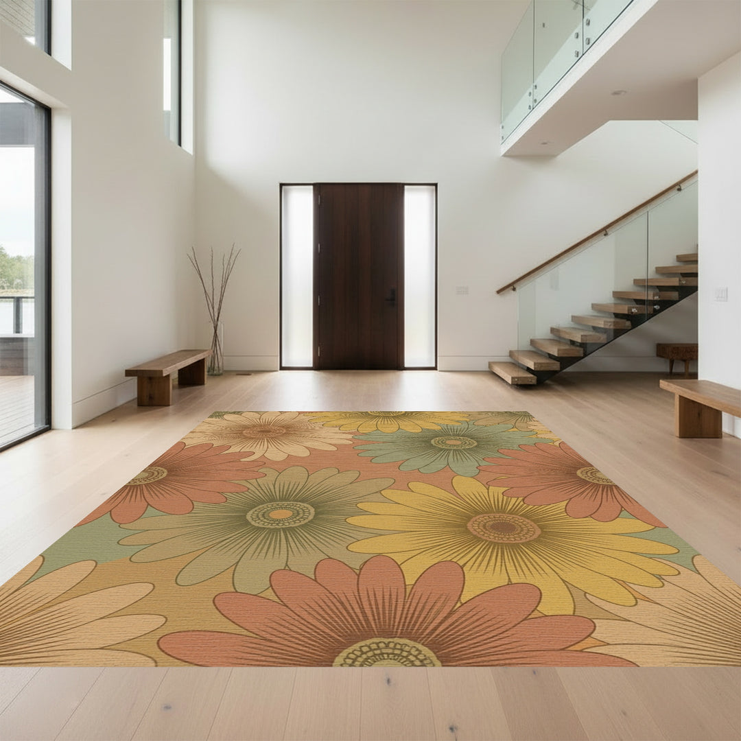 Retro Terracotta Daisy Floral Field Rug