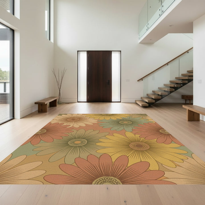 Retro Terracotta Daisy Floral Field Rug