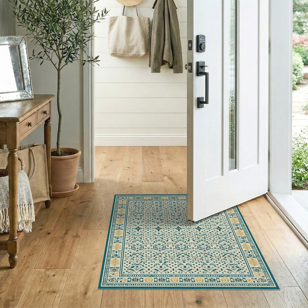Teal Persian Area Rug with Gold Accents