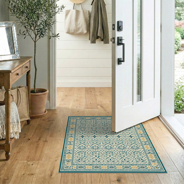 Teal Persian Area Rug with Gold Accents