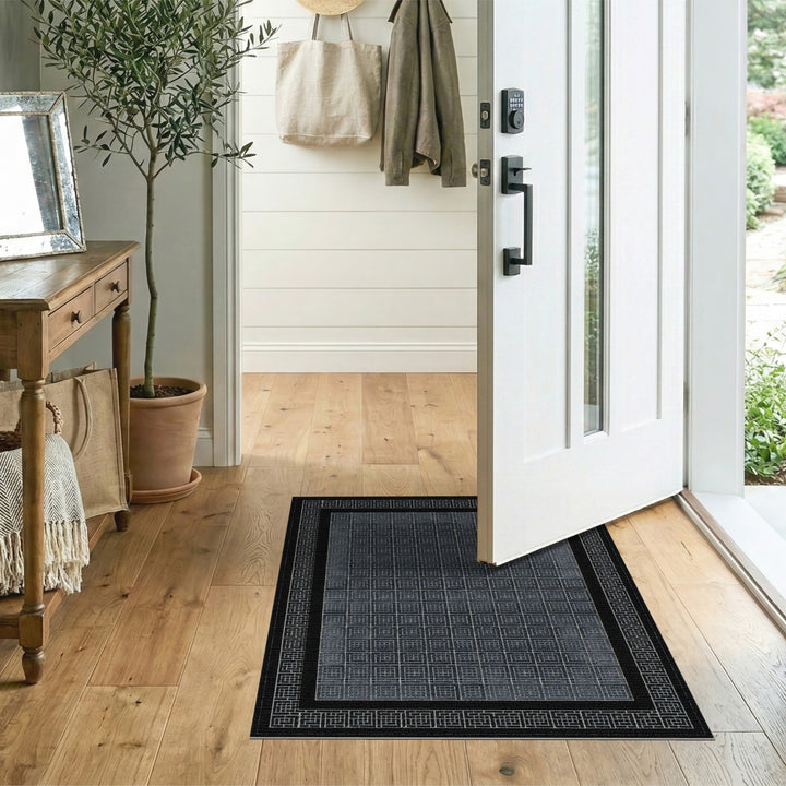 Black Geometric Grid Area Rug with Border