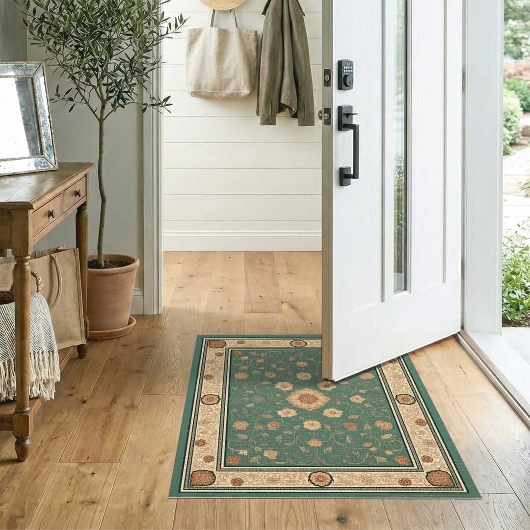 Teal Floral Vintage Area Rug with Cream Border