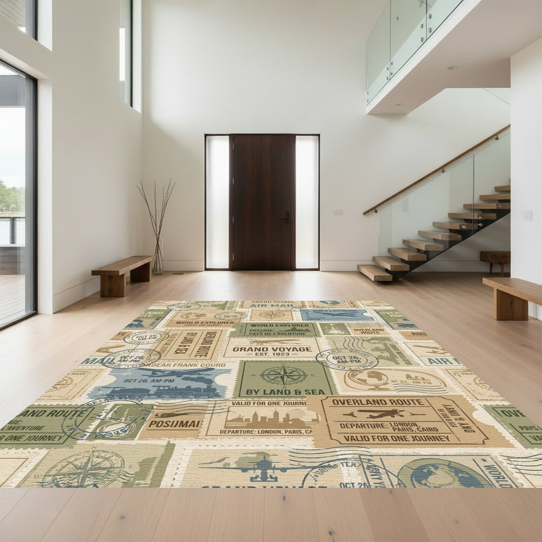 Vintage Travel Stamp Collage Rug
