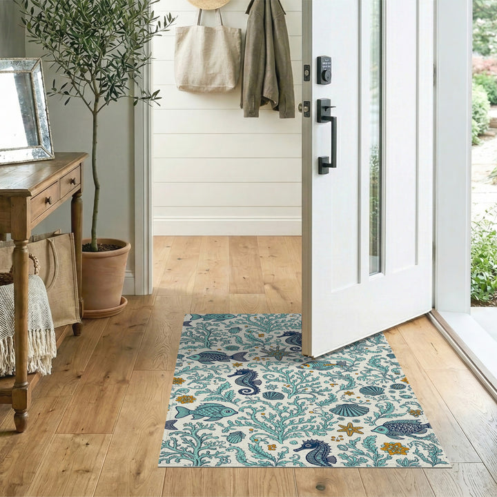 Blue Teal Seahorse Coastal Area Rug