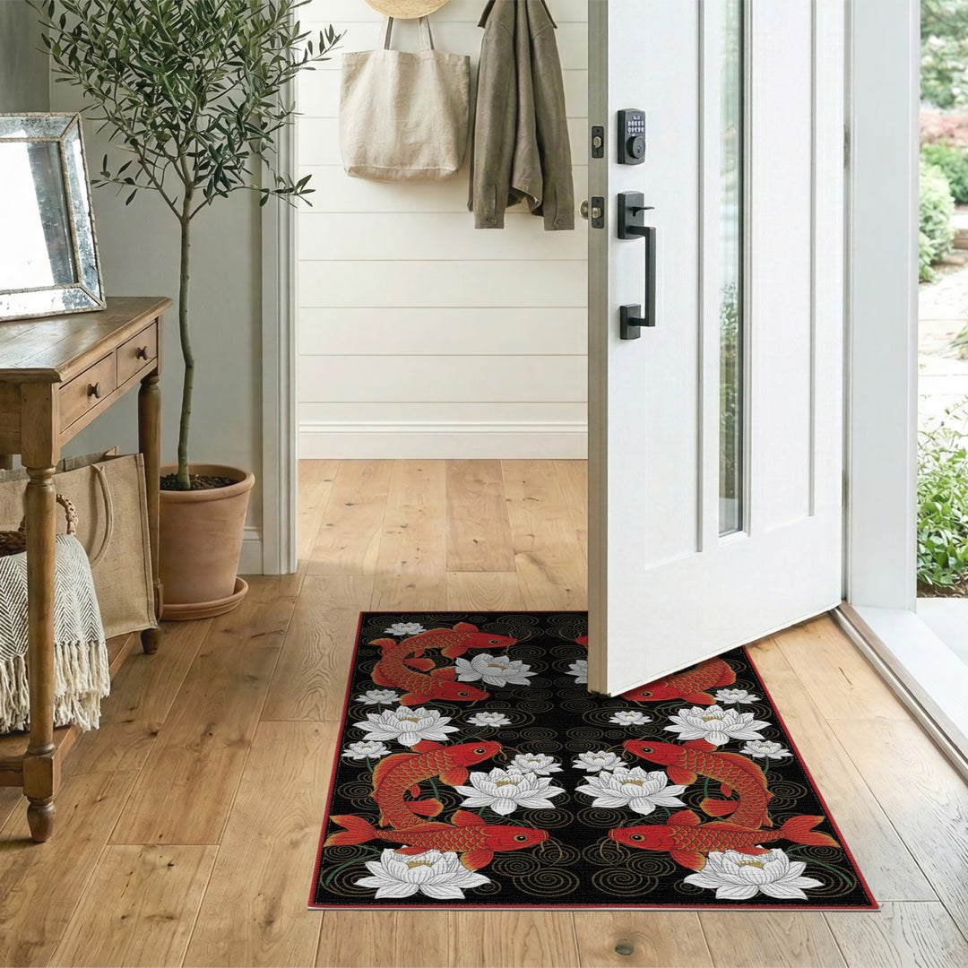 Red Koi Fish and Lotus Area Rug