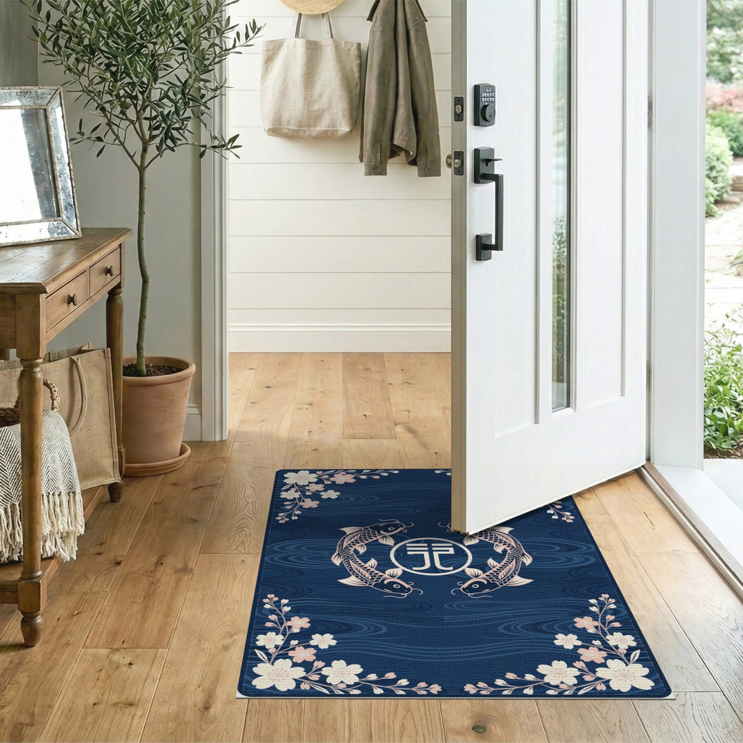 Blue Koi Fish Sakura Washable Area Rug