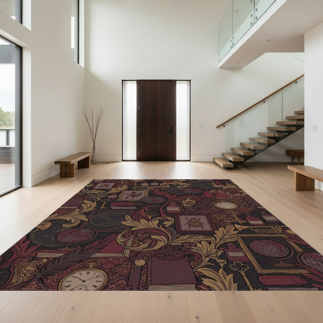 Antique Study Scarlet Gold Botanical Elements Rug