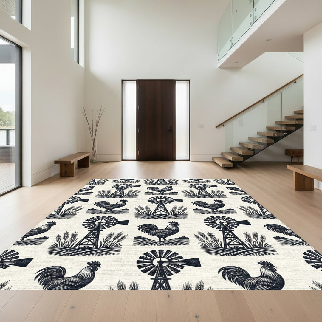 Farmhouse Rooster Windmill Wheat Field Rug