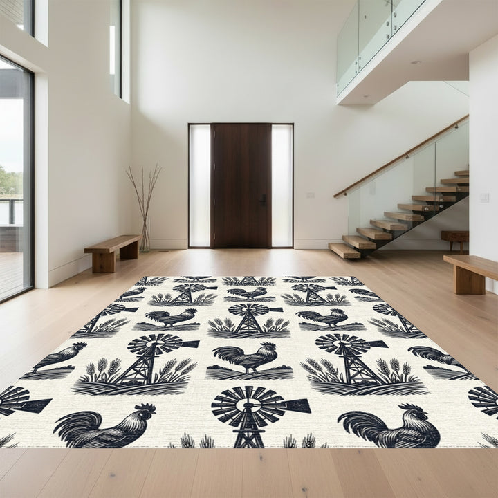 Farmhouse Rooster Windmill Wheat Field Rug