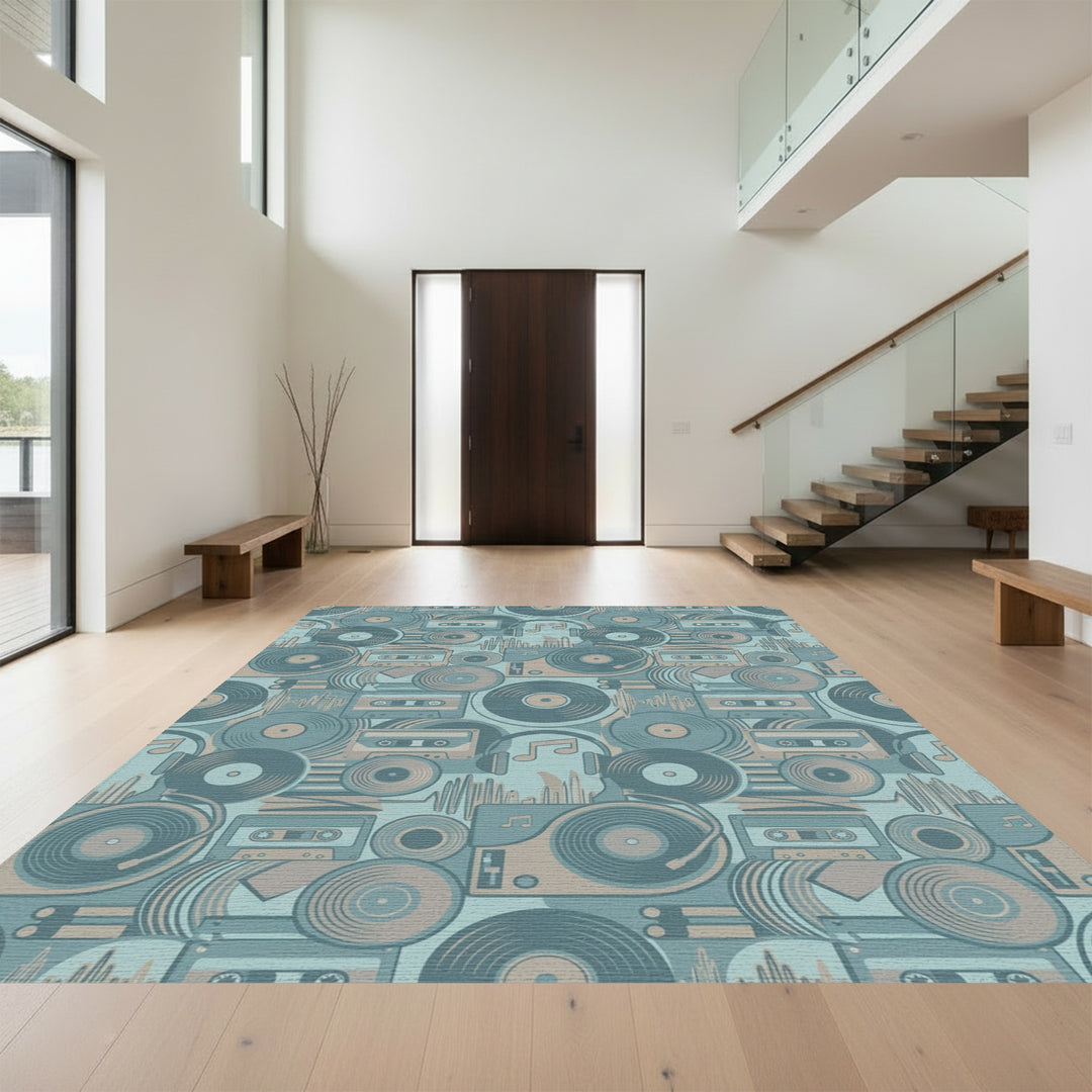 Retro Vinyl Cassette Turntable Audio Collaged Rug