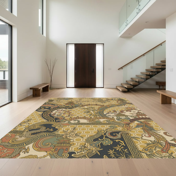 Golden Dragon Phoenix Pagoda Landscape Rug
