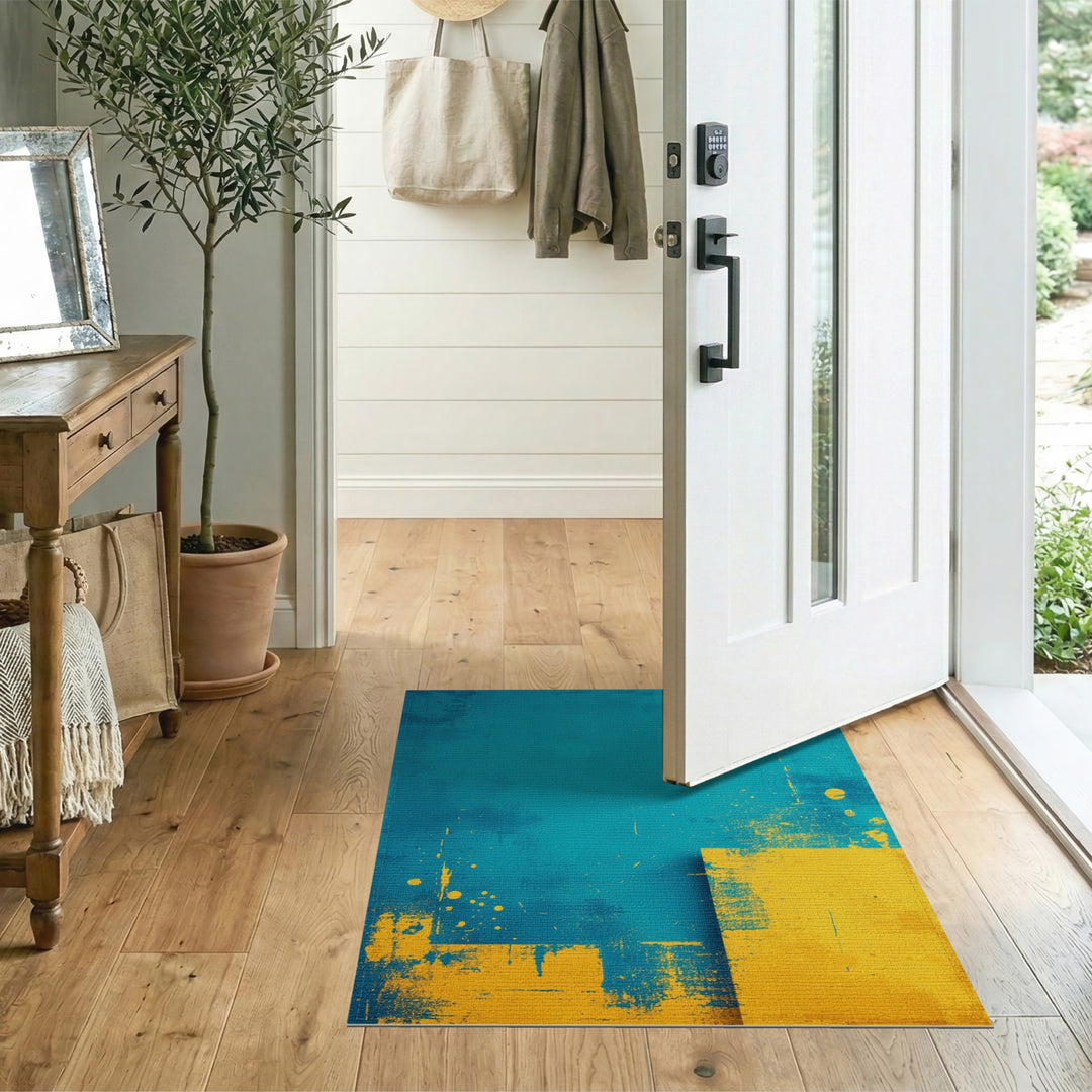 Teal Abstract Yellow Block Area Rug