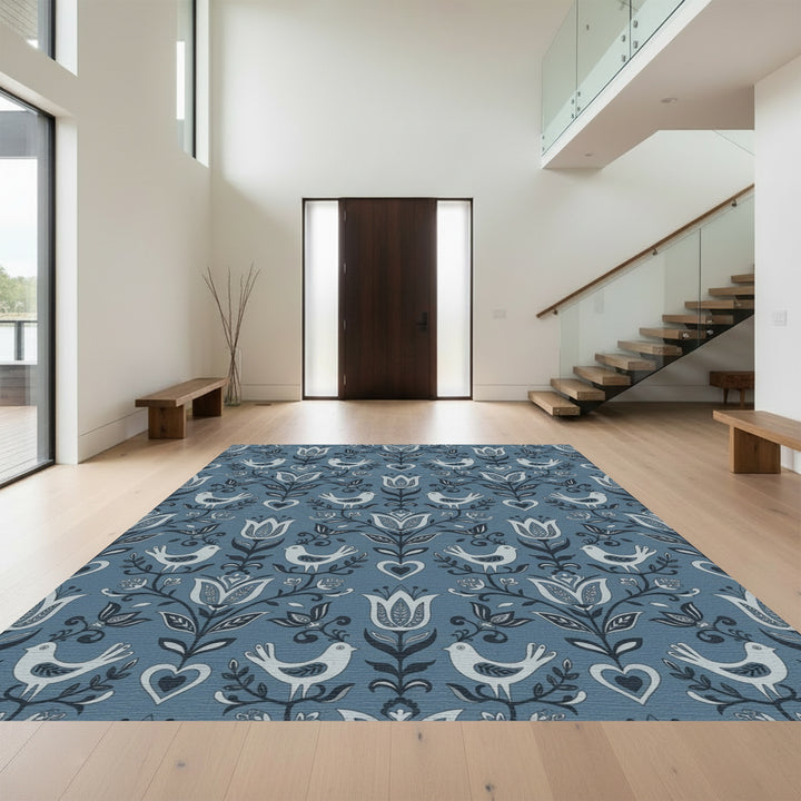 Folk Art Blue Bird Floral Heart Rug