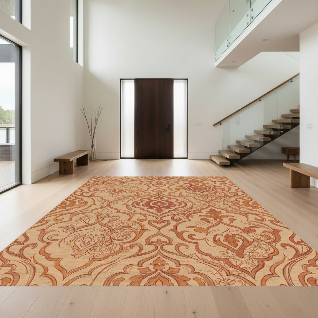 Terracotta Damask Scrollwork Vintage Rug