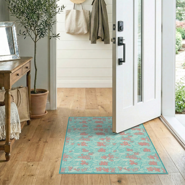 Teal Coral Wave Washable Area Rug