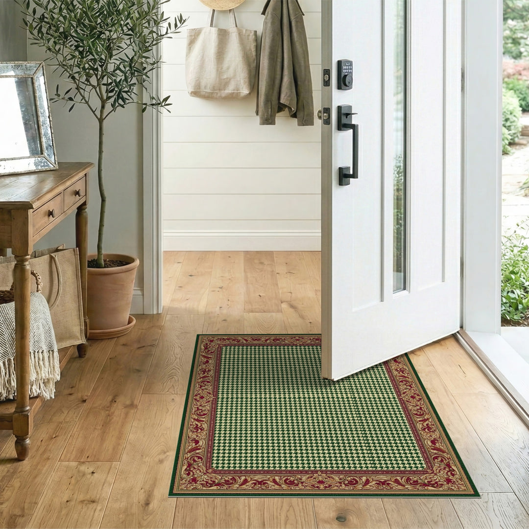 Green Houndstooth Area Rug with Ornate Border