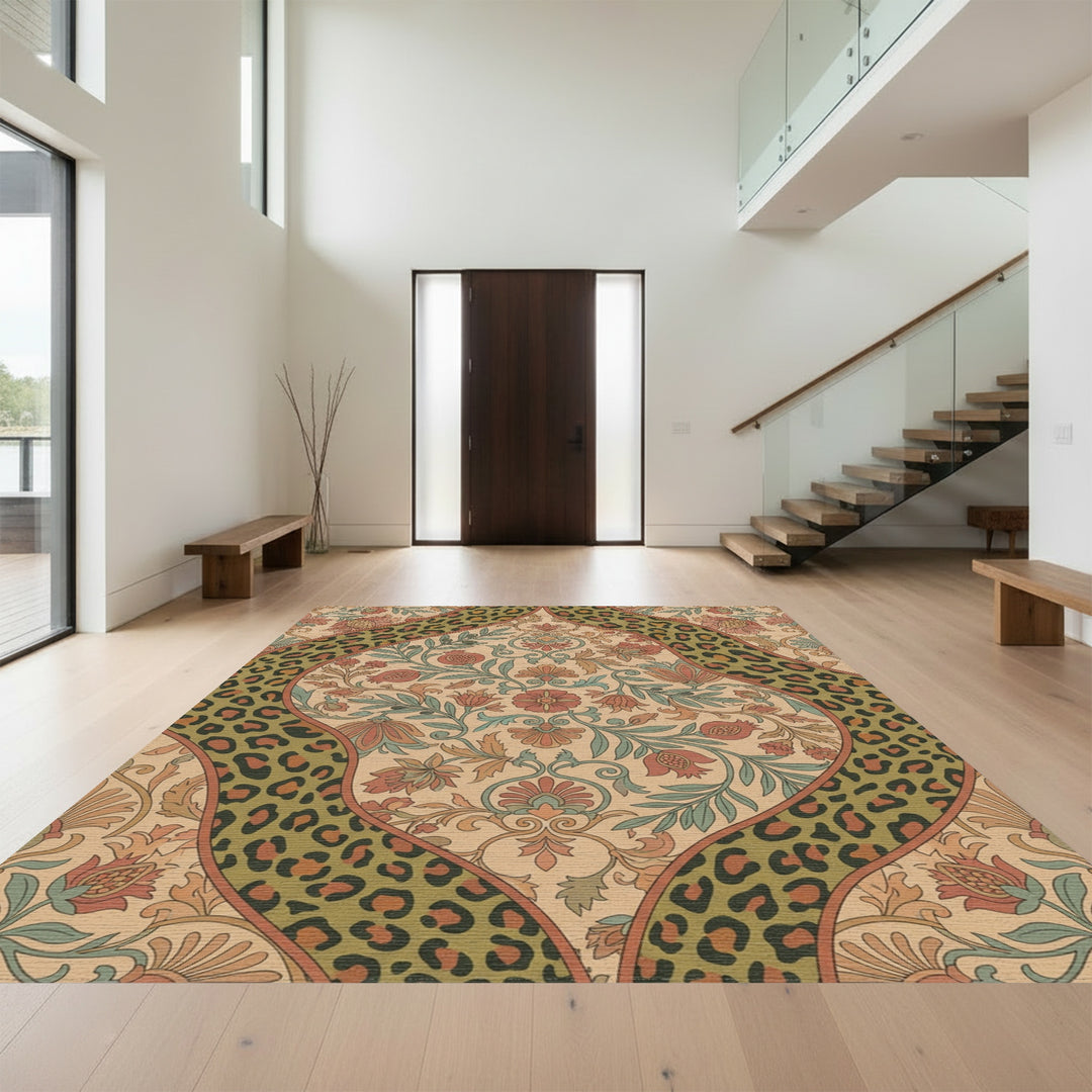 Earthy Floral Leopard Stripe Medallion Rug