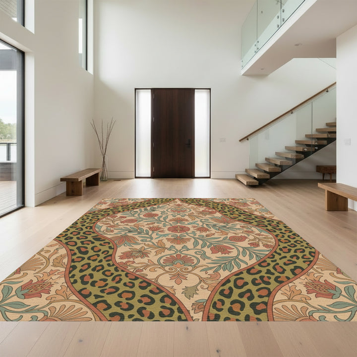 Earthy Floral Leopard Stripe Medallion Rug