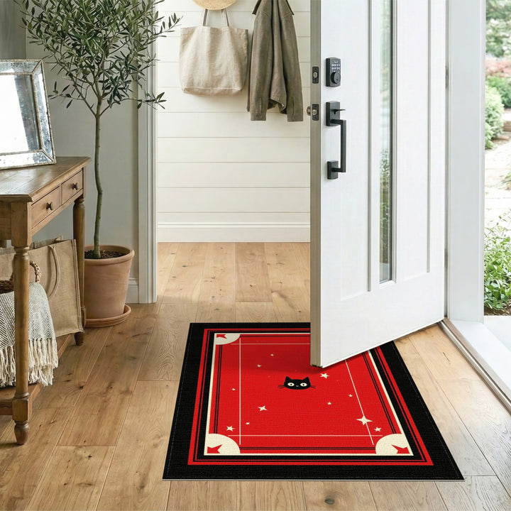 Red Black Cat Stars Kids Area Rug
