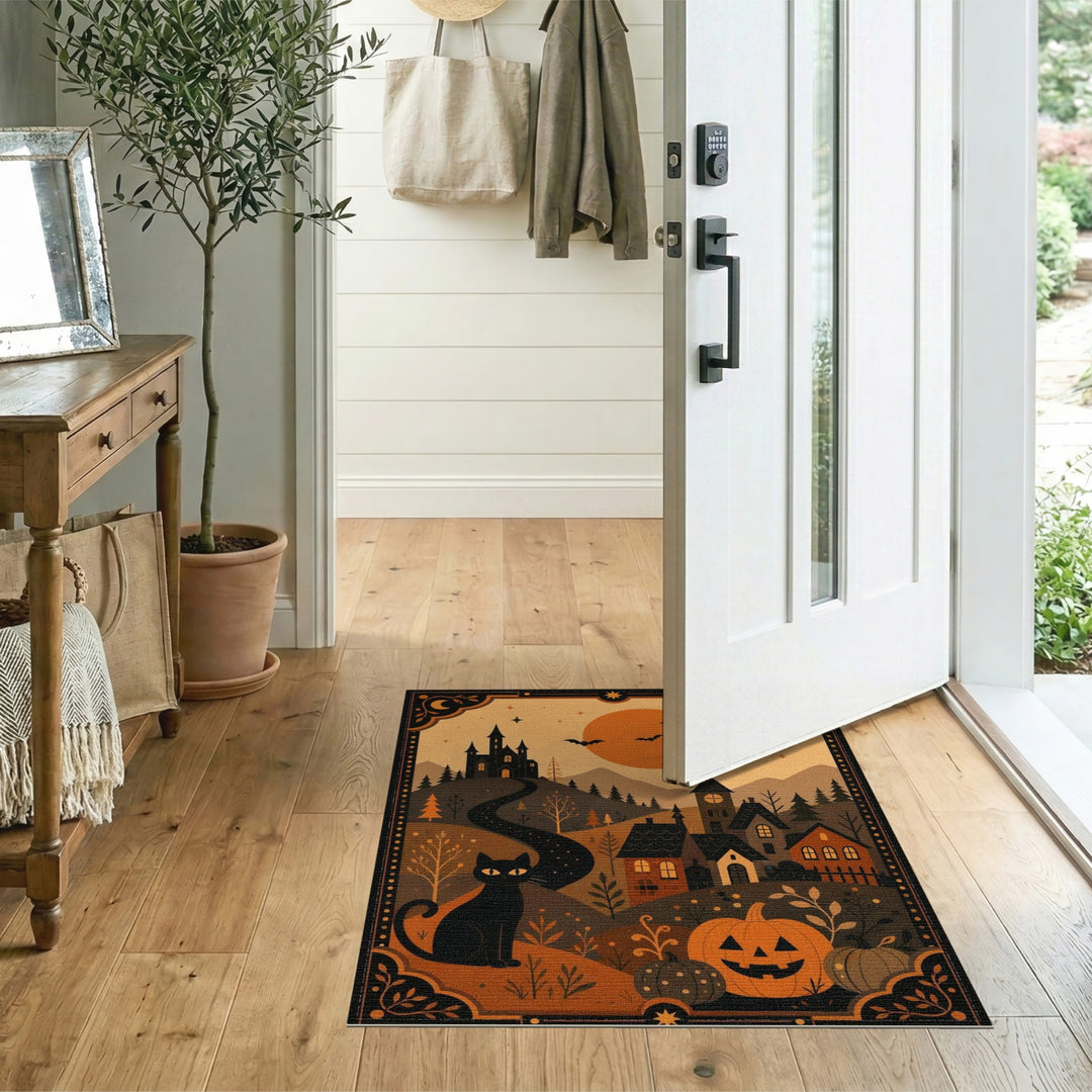 Multi-color and Patterns Black Cat Pumpkin Halloween Area Rug