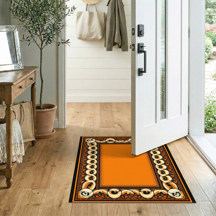 Orange Skull Tribal Border Area Rug