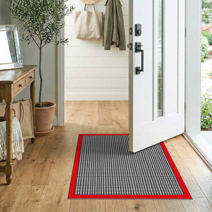 Black White Houndstooth Rug with Red Border