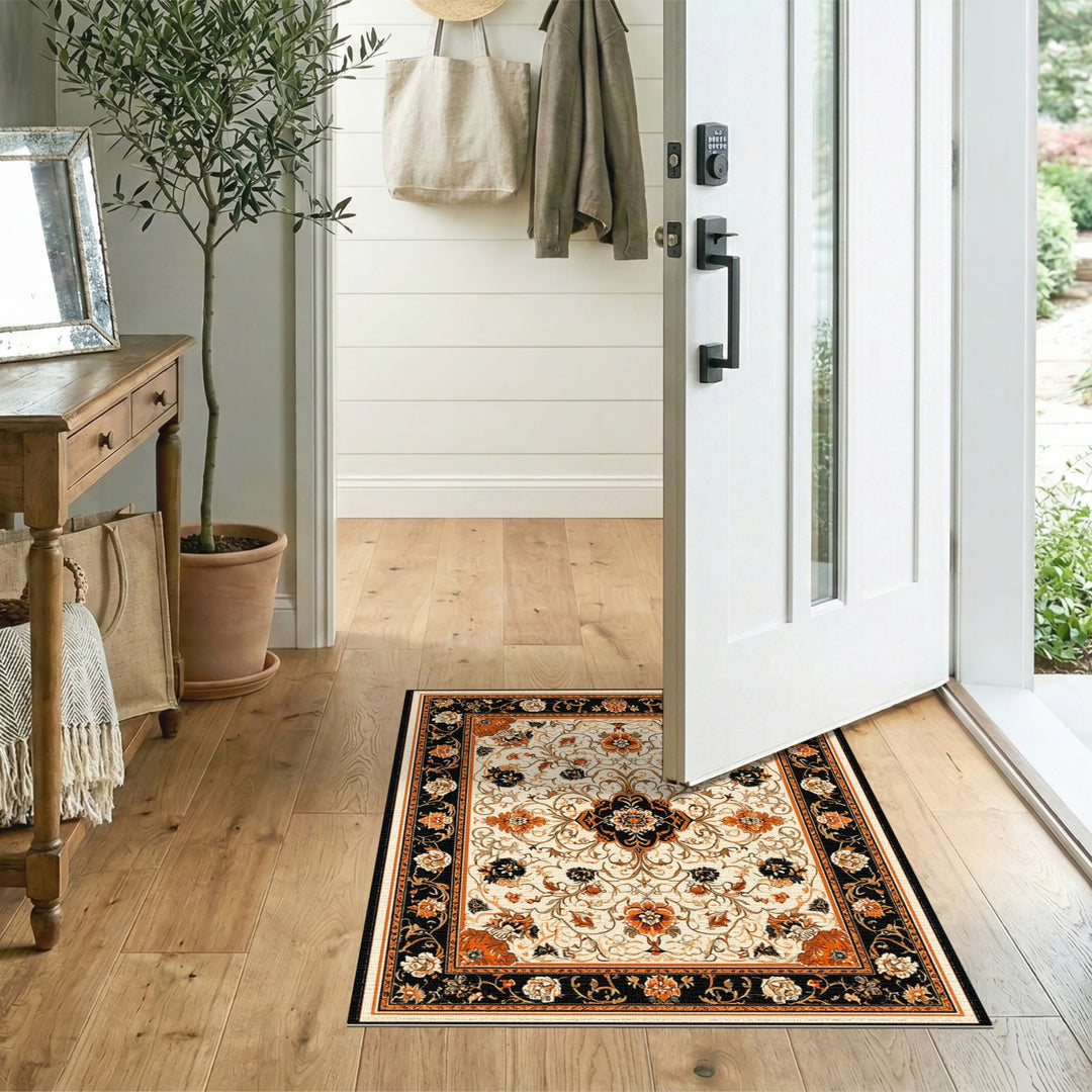 Black Orange Floral Vintage Area Rug
